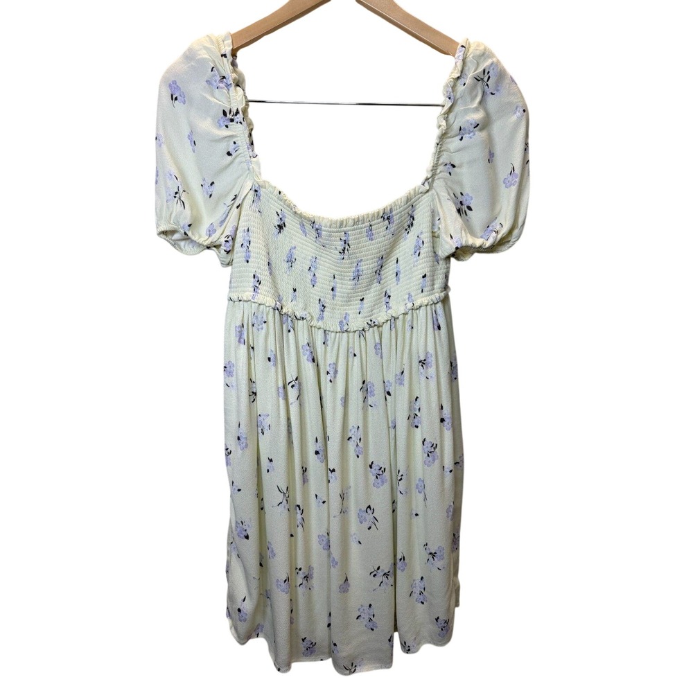 Sun-deh Floral Smocked Mini Dress Womens Size Medium Yellow Puff Sleeve Boho